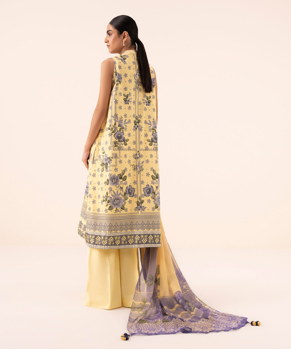 Women's Unstitched Cotton Viscose Embroidered Yellow 3 Piece Suit