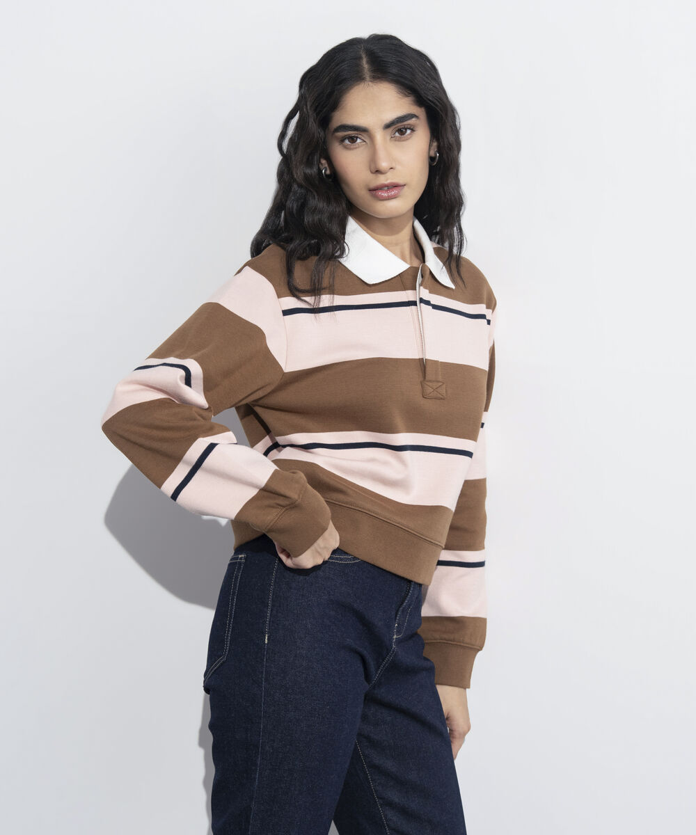 Women's Western Wear Multi Striped Polo Neck Sweatshirt