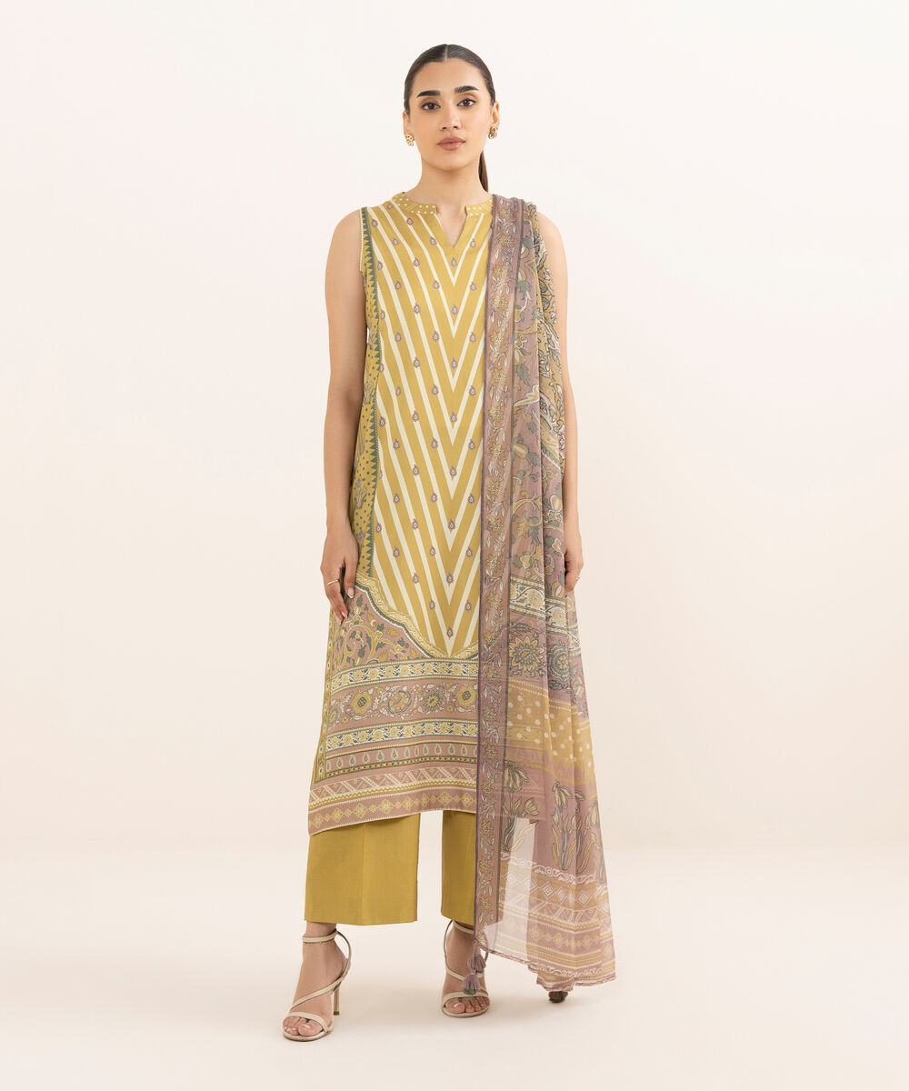 Women's Unstitched Arabic Lawn Printed Yellow 3 Piece Suit