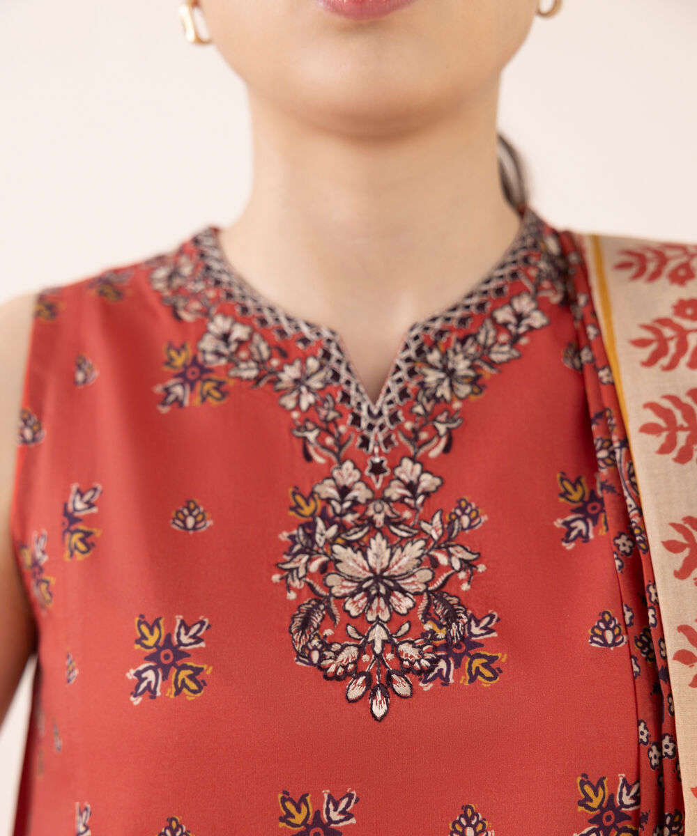 Women's Unstitched Lawn Embroidered Red Three Piece Suit