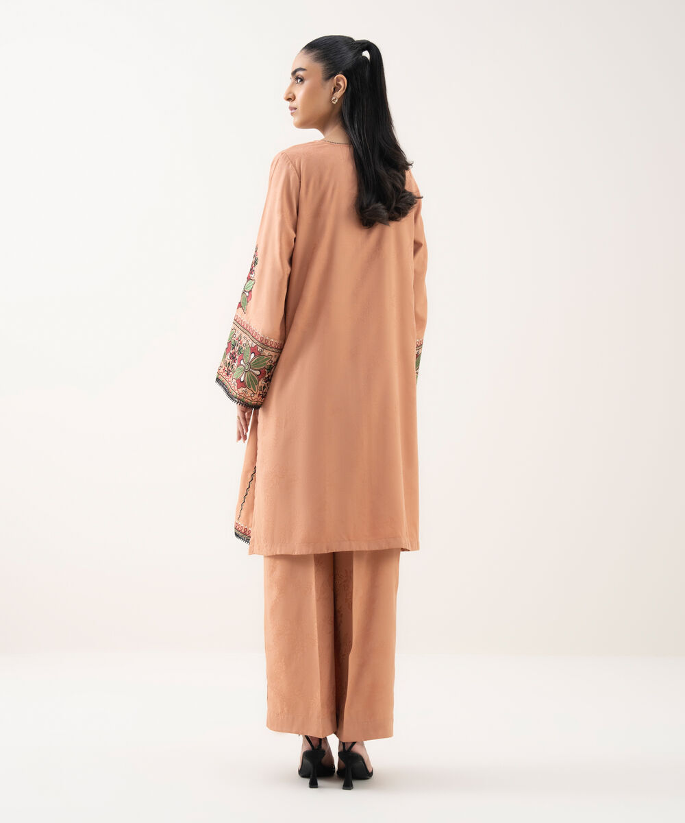 Women's RTW Cotton Jacquard Embroidered Pink Straight Shirt