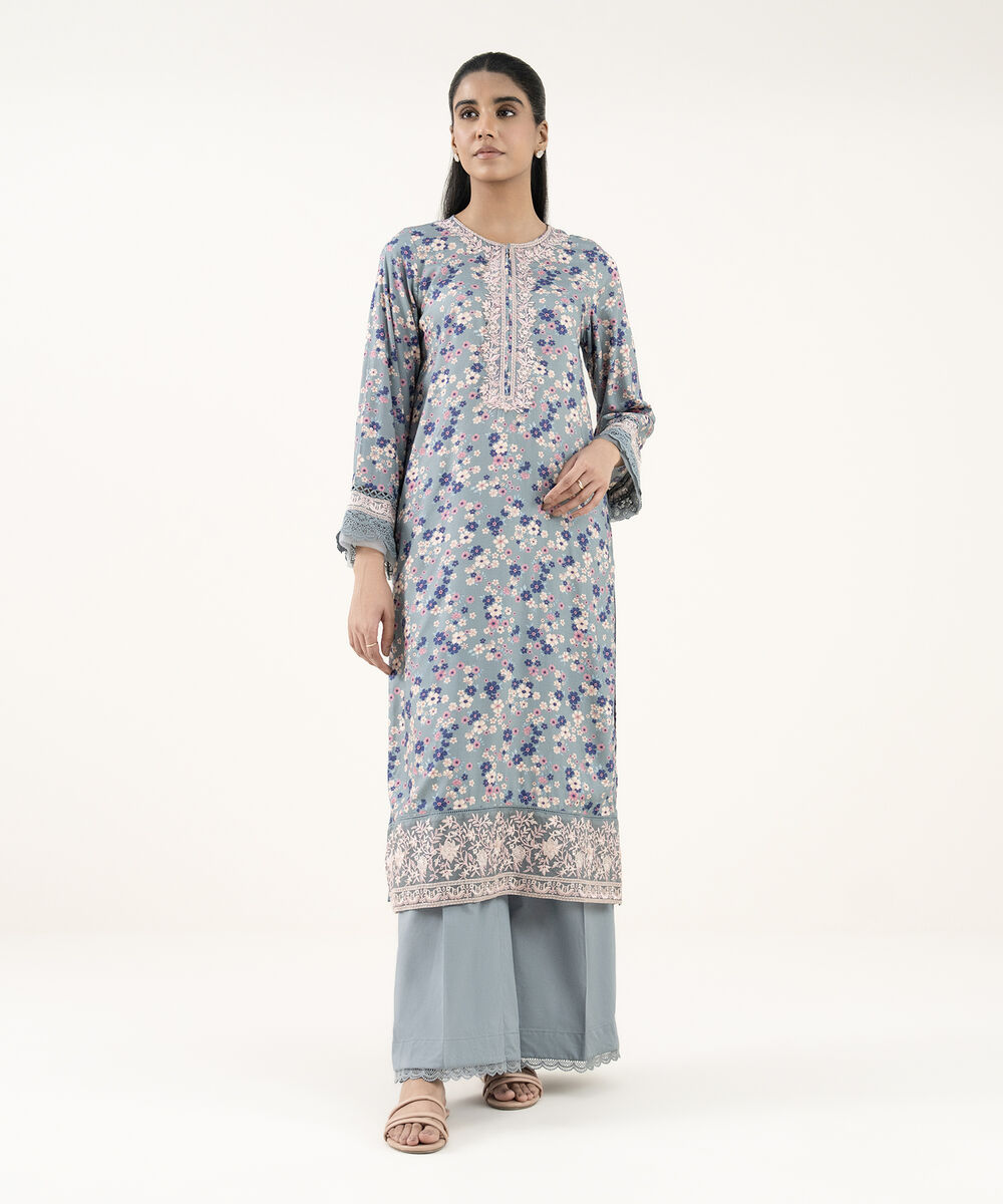 Women's RTW Arabic Lawn Grey Embroidered Straight Shirt