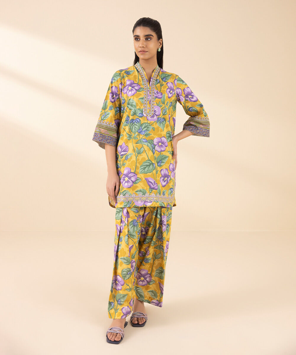 Unstitched Women's Yellow Lawn Embroidered Shirt Trousers