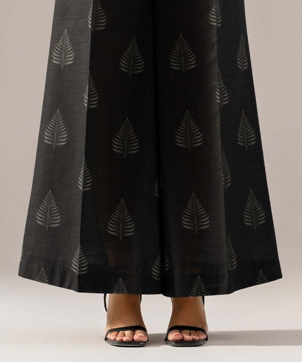 Women's RTW Printed Black Khaddar Flared Pants