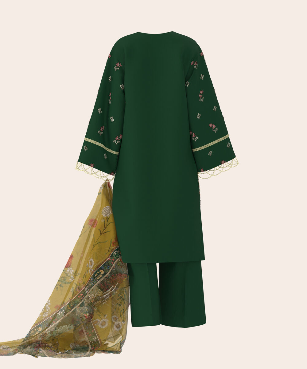 Women's Unstitched Self Jacquard Green  Embroidered 3 Piece Suit