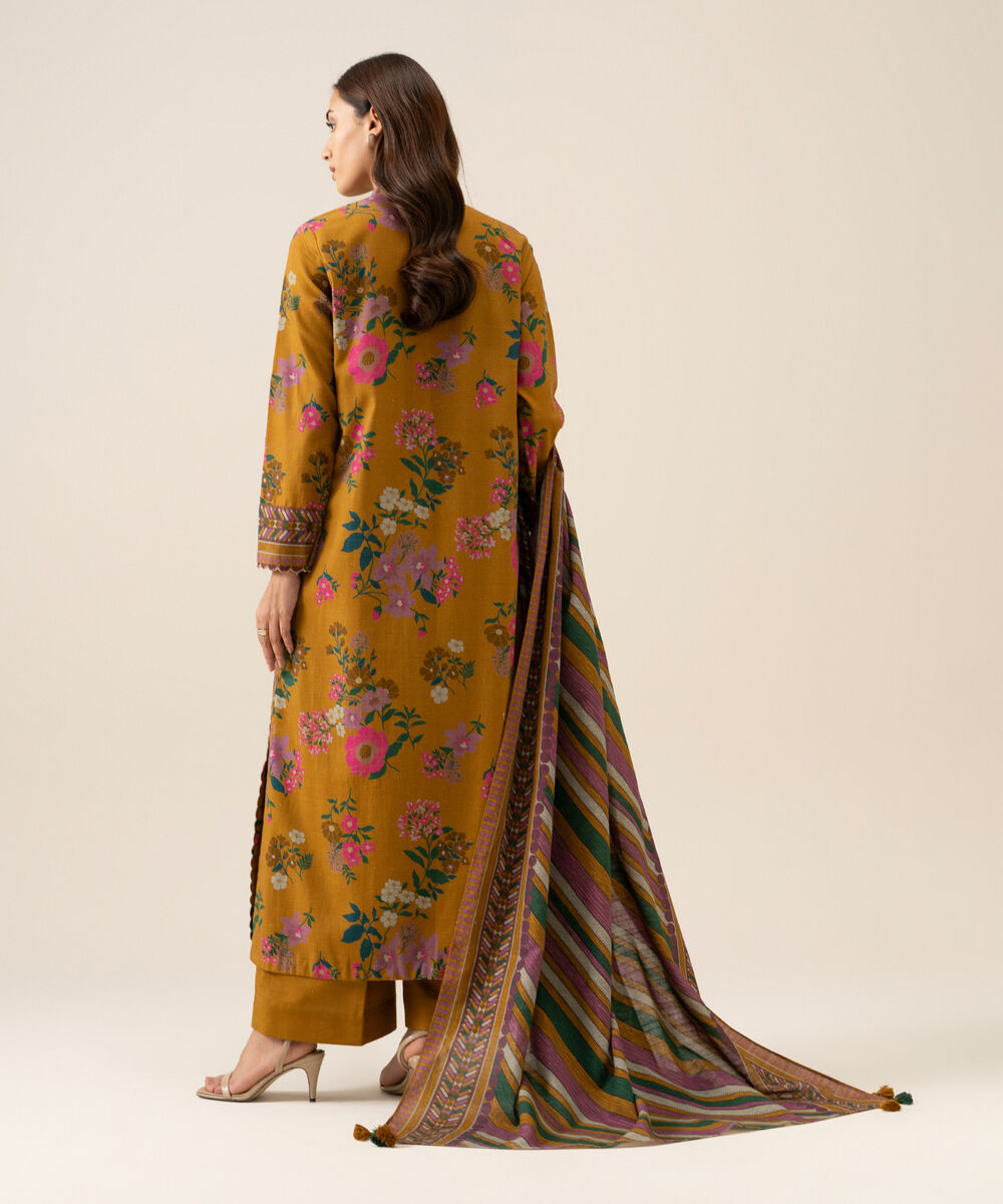 Women's Unstitched Lawn Printed Mustard 3 Piece Suit
