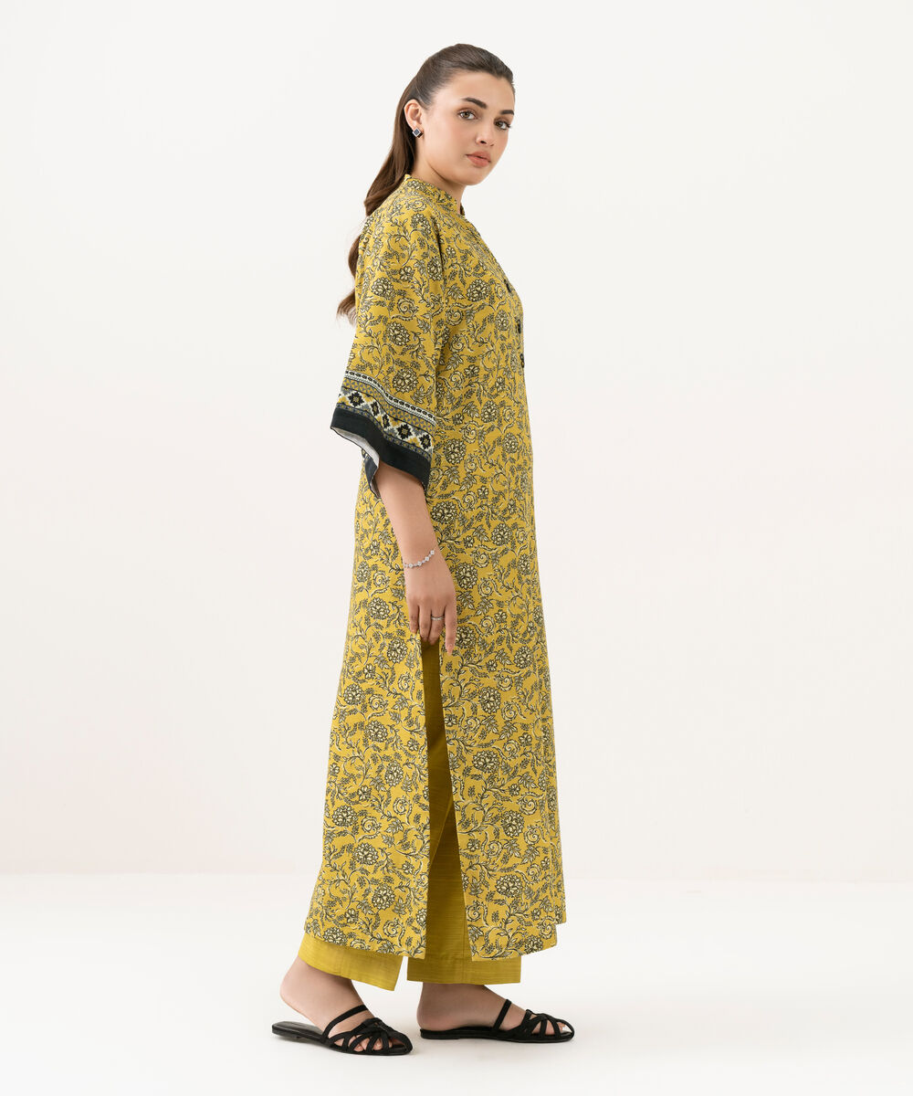 Women's Unstitched Cotton Printed Yellow 2 Piece Suit