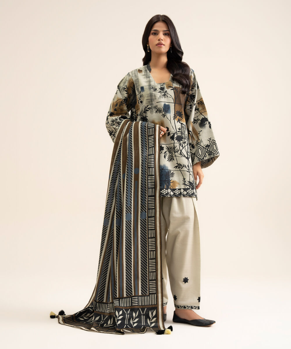 Women's Unstitched Light Khaddar Printed Multi 3 Piece Suit