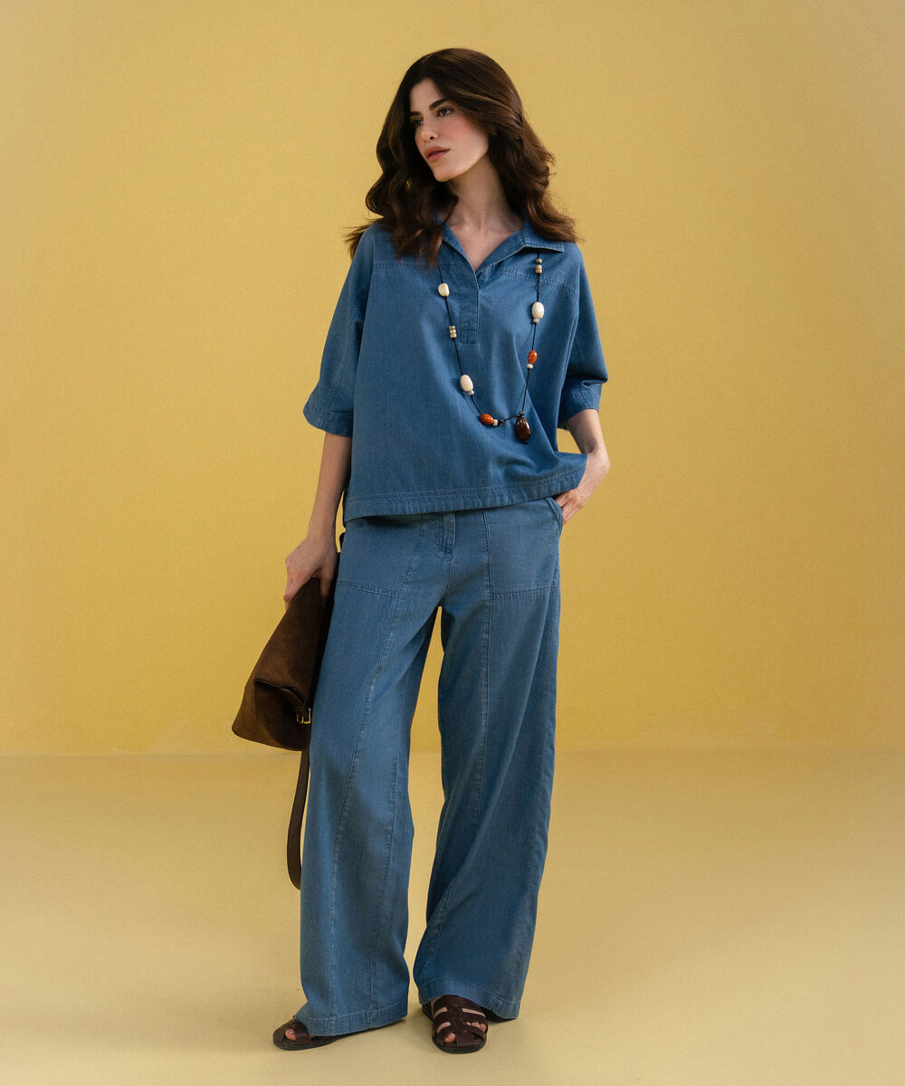 Women's Western Mid Blue Wash Denim Top With Kimono Sleeve