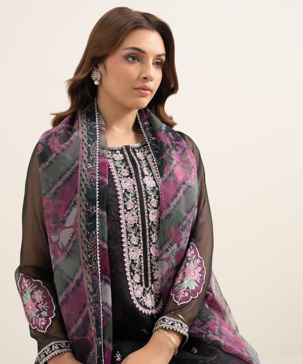 Women's RTW Blended Organza Embroidered Black 3 Piece Suit