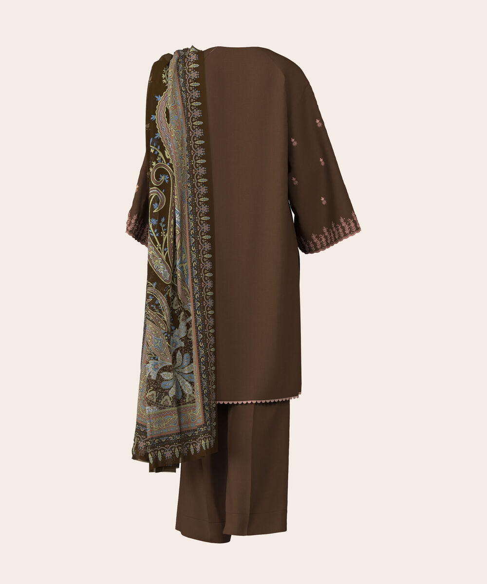 Women's Unstitched Lawn Brown  Embroidered 3 Piece Suit