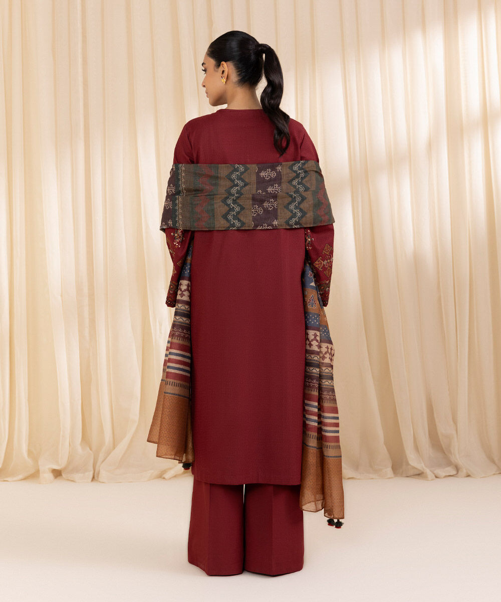 Women's Unstitched Raw Silk  Embroidered Maroon  3 Piece Suit