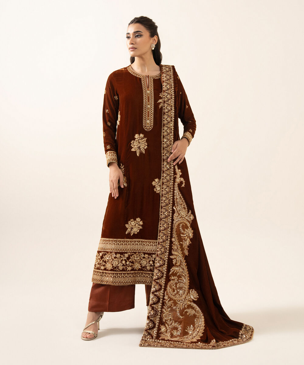 Embroidered Velvet Brown Dupatta