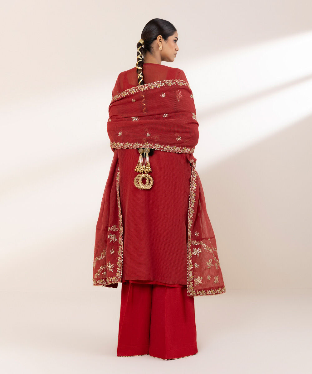 Women's RTW Blended Textured Karandi Red Embroidered Three Piece Suit