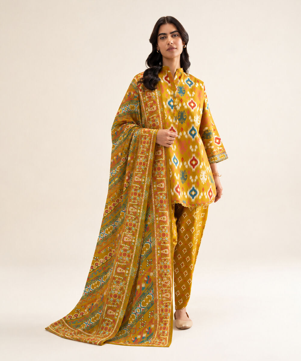 Women's Unstitched Cotton Printed Mustard 3 Piece Suit
