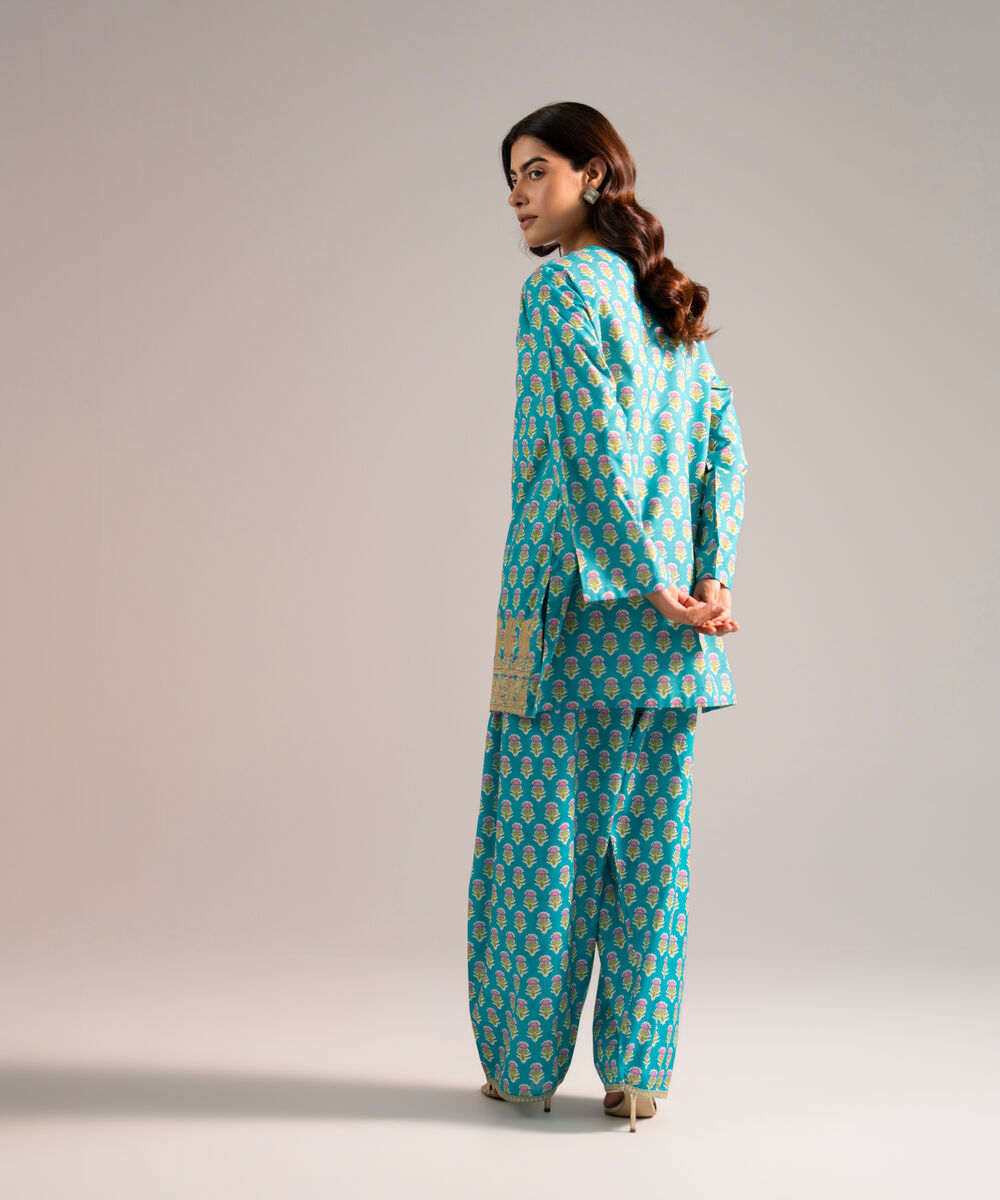 Women's RTW Zari Lawn Embroidered Turquoise Straight Shirt