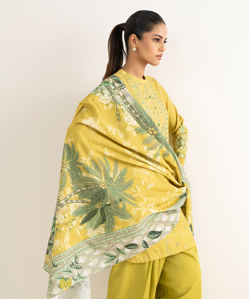 Women's Unstitched Khaddar Embroidered Yellow 3 Piece Suit