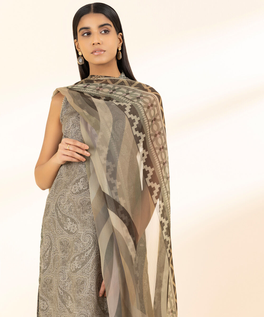 Unstitched Women's Embroidered Lawn Brown Three Piece Suit