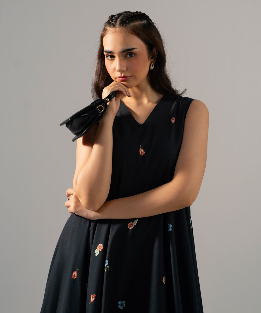 Women's RTW Cambric Printed Black Dress