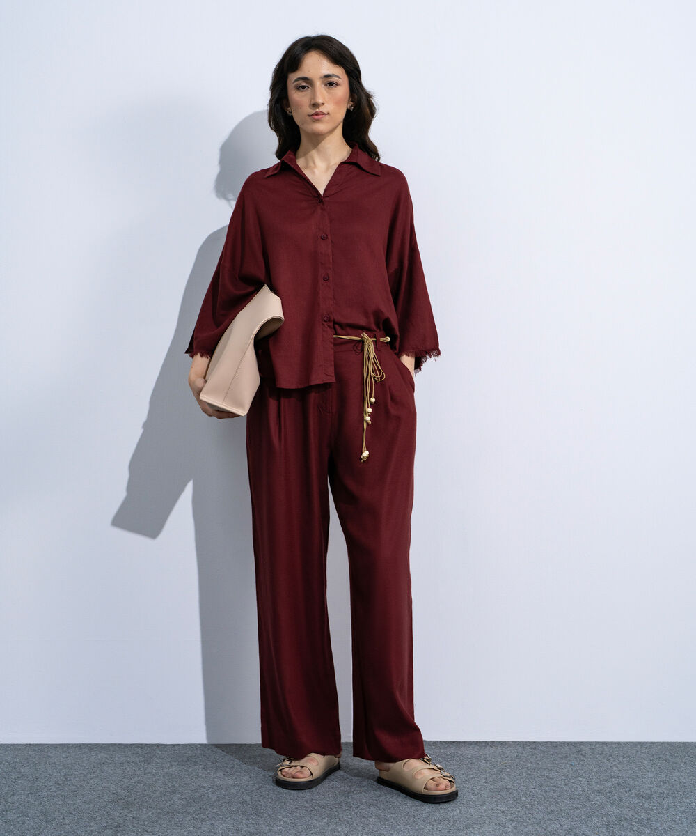 Women's Red Linen Blend V-Neck Top