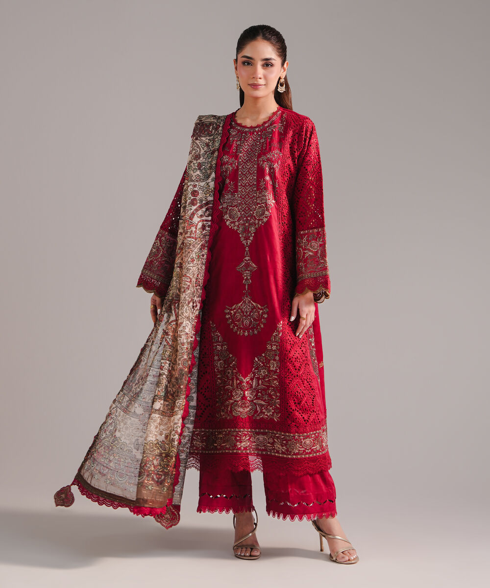 Women's RTW Self Jacquard Embroidered Maroon 3 Piece Suit