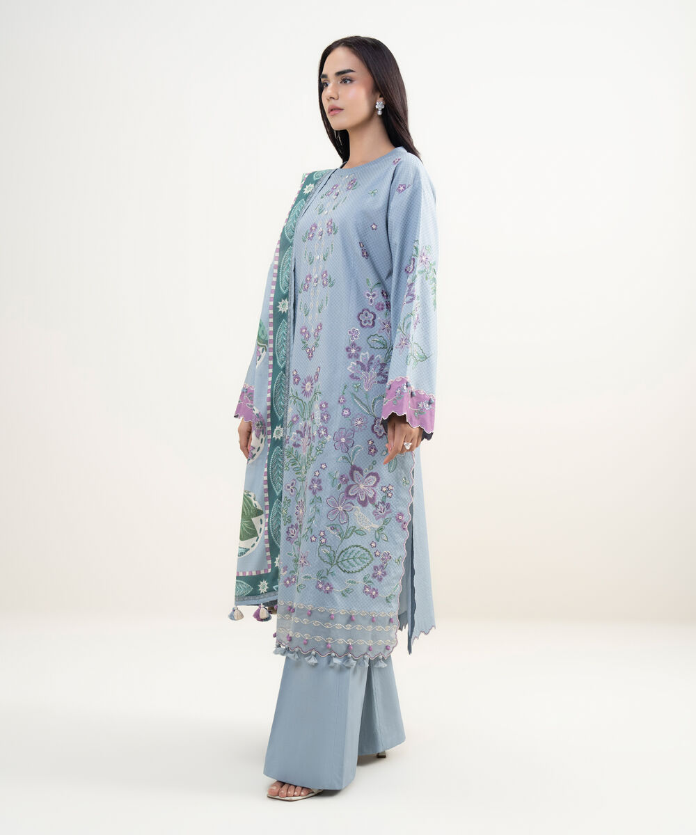 Women's Unstitched Dobby Embroidered Blue  3 Piece Suit