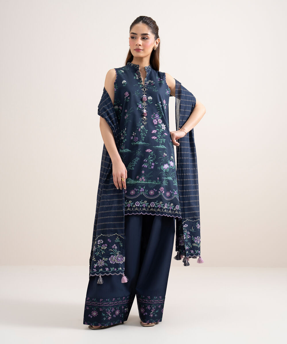 Women's Unstitched Lawn Embroidered Blue 3 Piece Suit