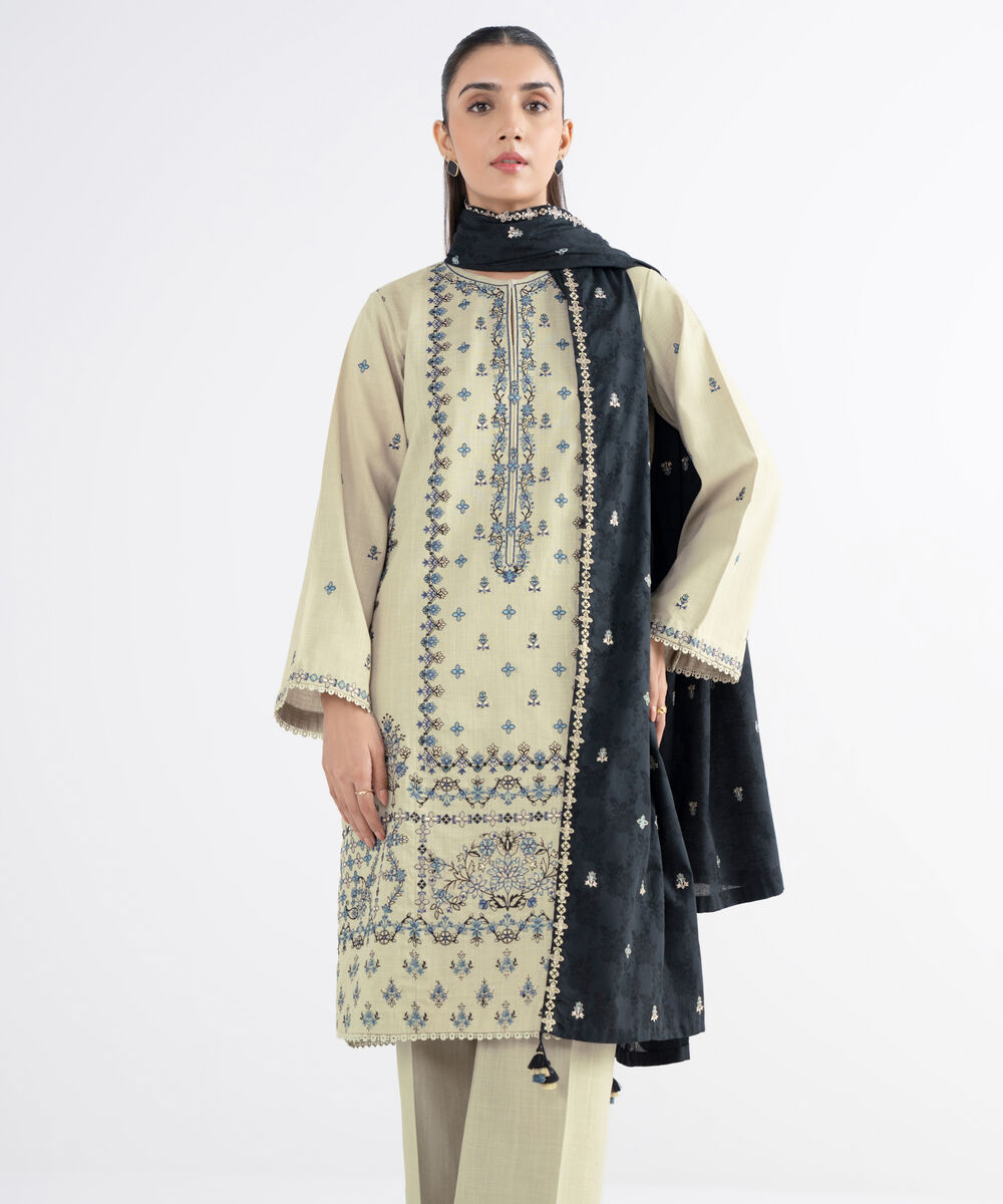 Women's Unstitched Cross Hatch Embroidered Beige 3 Piece Suit