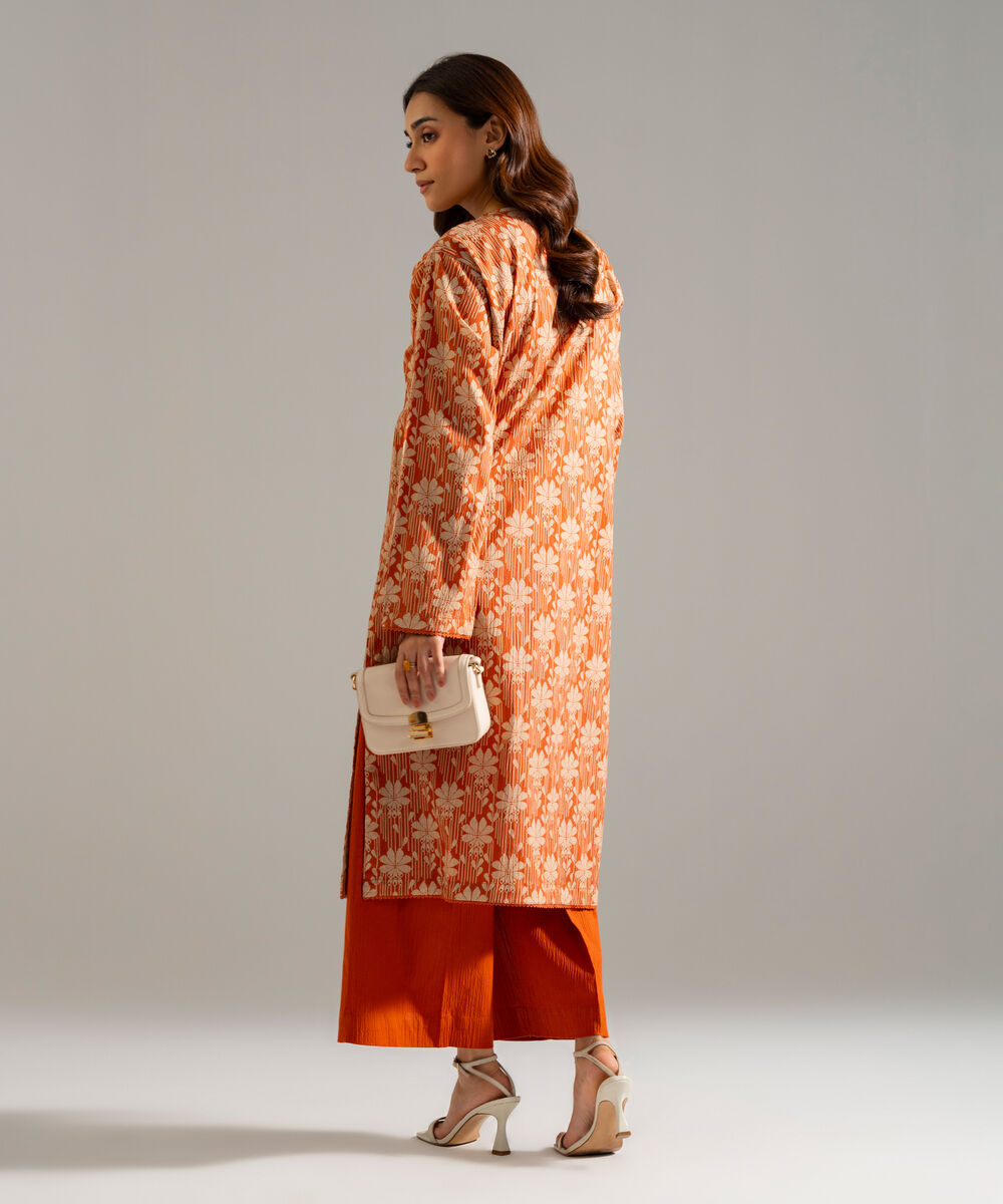 Women's RTW Seersucker Embroidered Orange 2 Piece Suit