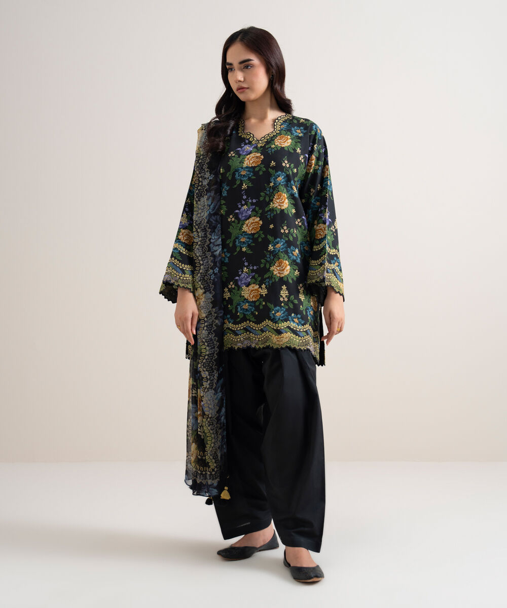 Women's Unstitched Arabic Lawn Printed Black