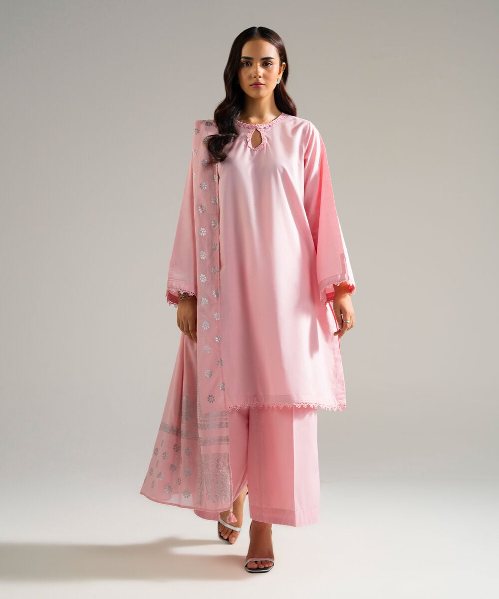 Women's RTW Slub Lawn Solid Pink 3 Piece Suit