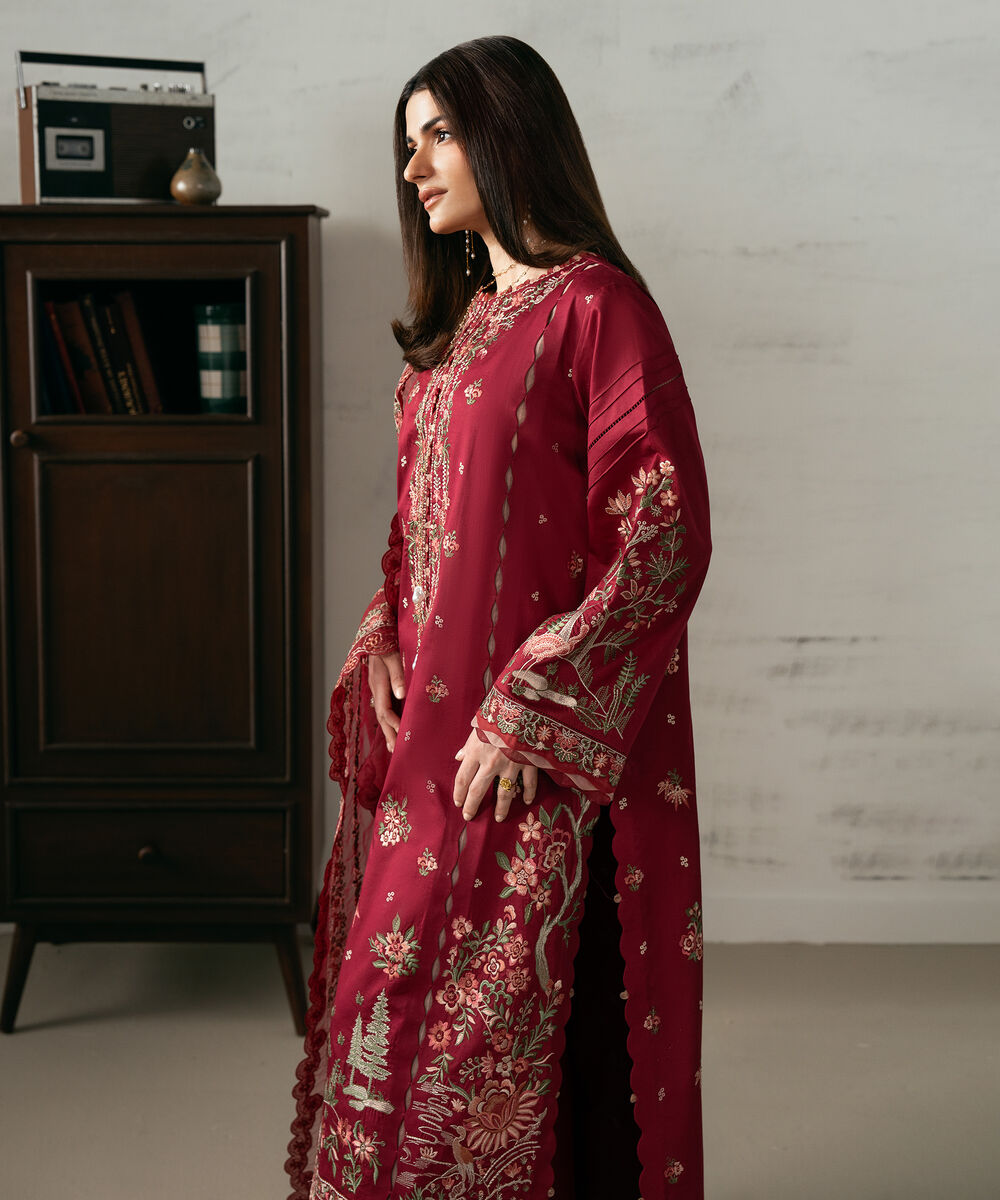 Women's Unstitched Fine Cotton Satin Embroidered Red  3 Piece Suit