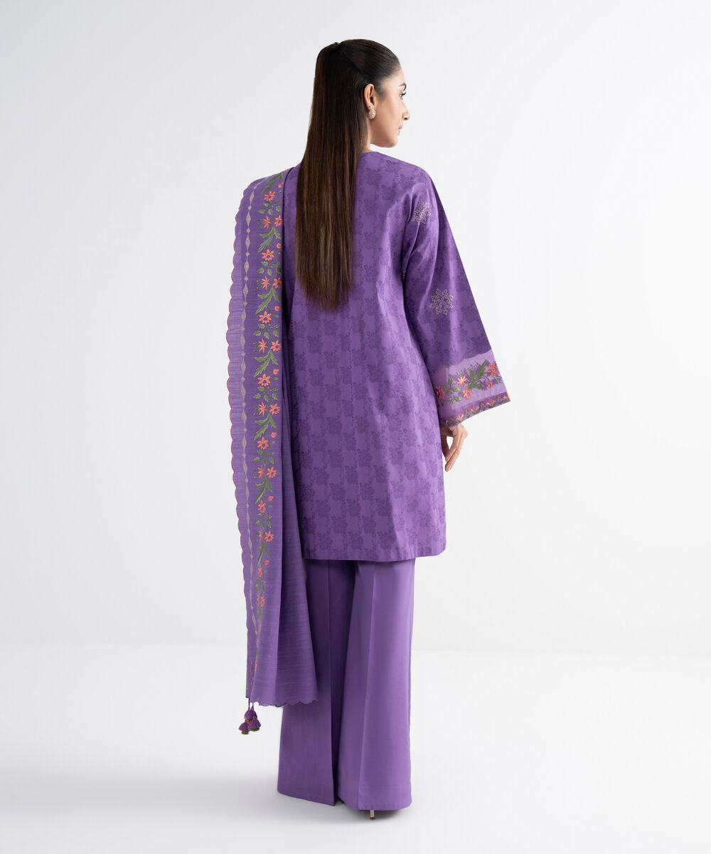 Women's Unstitched Cotton Jacquard Embroidered Purple 3 Piece Suit