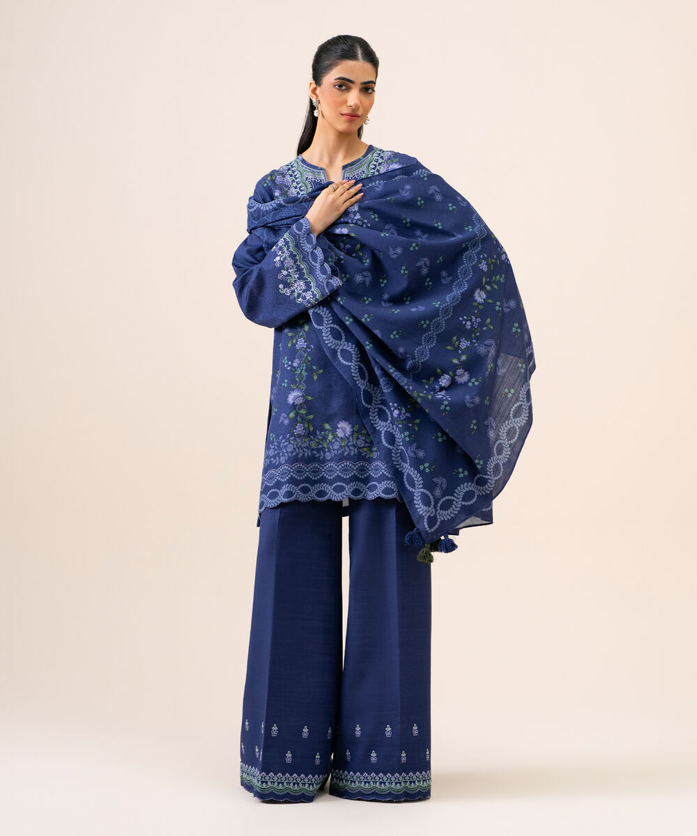 Women's Unstitched Light Khaddar Embroidered Dark Blue 3 Piece Suit