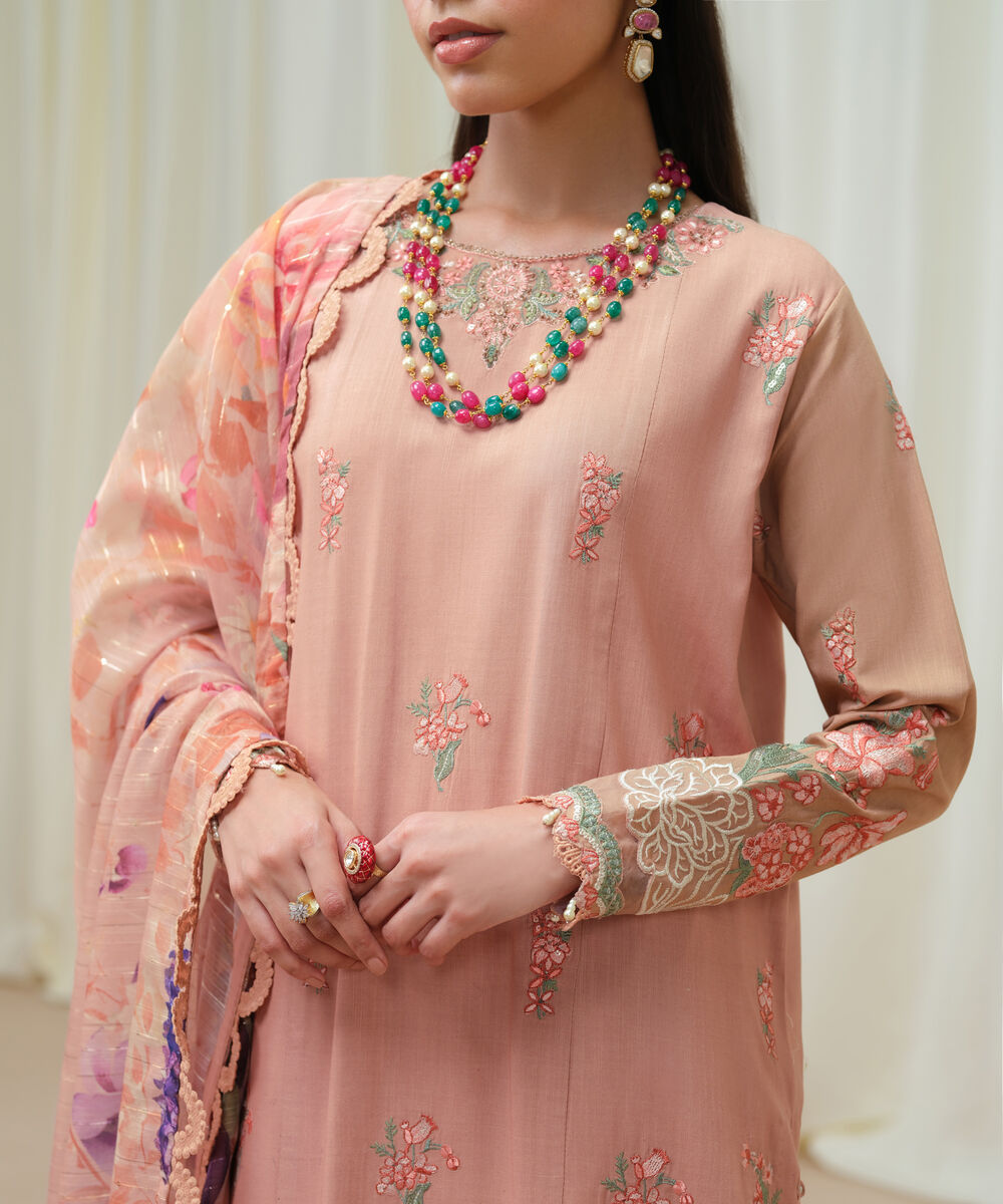 Women's Unstitched Dull Viscose Raw Silk Dyed Three Piece Suit