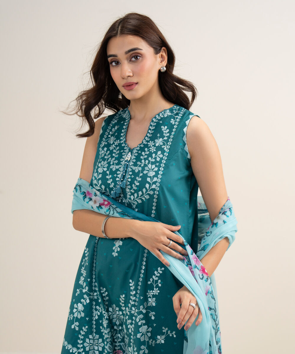 Women's Unstitched Lawn Embroidered Teal Green 3 Piece Suit