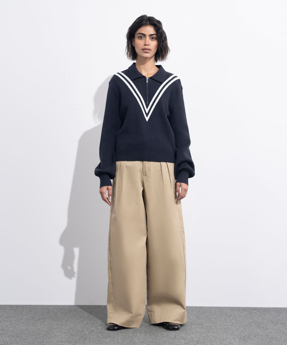 Women's Western Wear Blue Striped Polo Knit Sweater