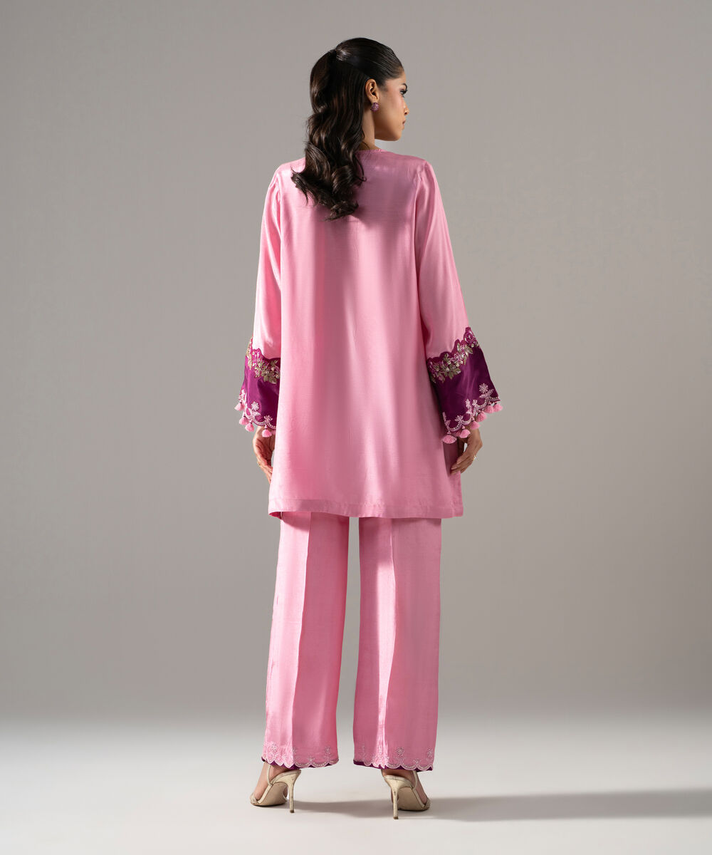 Women's RTW Thai Silk Solid Embroidered Pink 2 Piece Suit