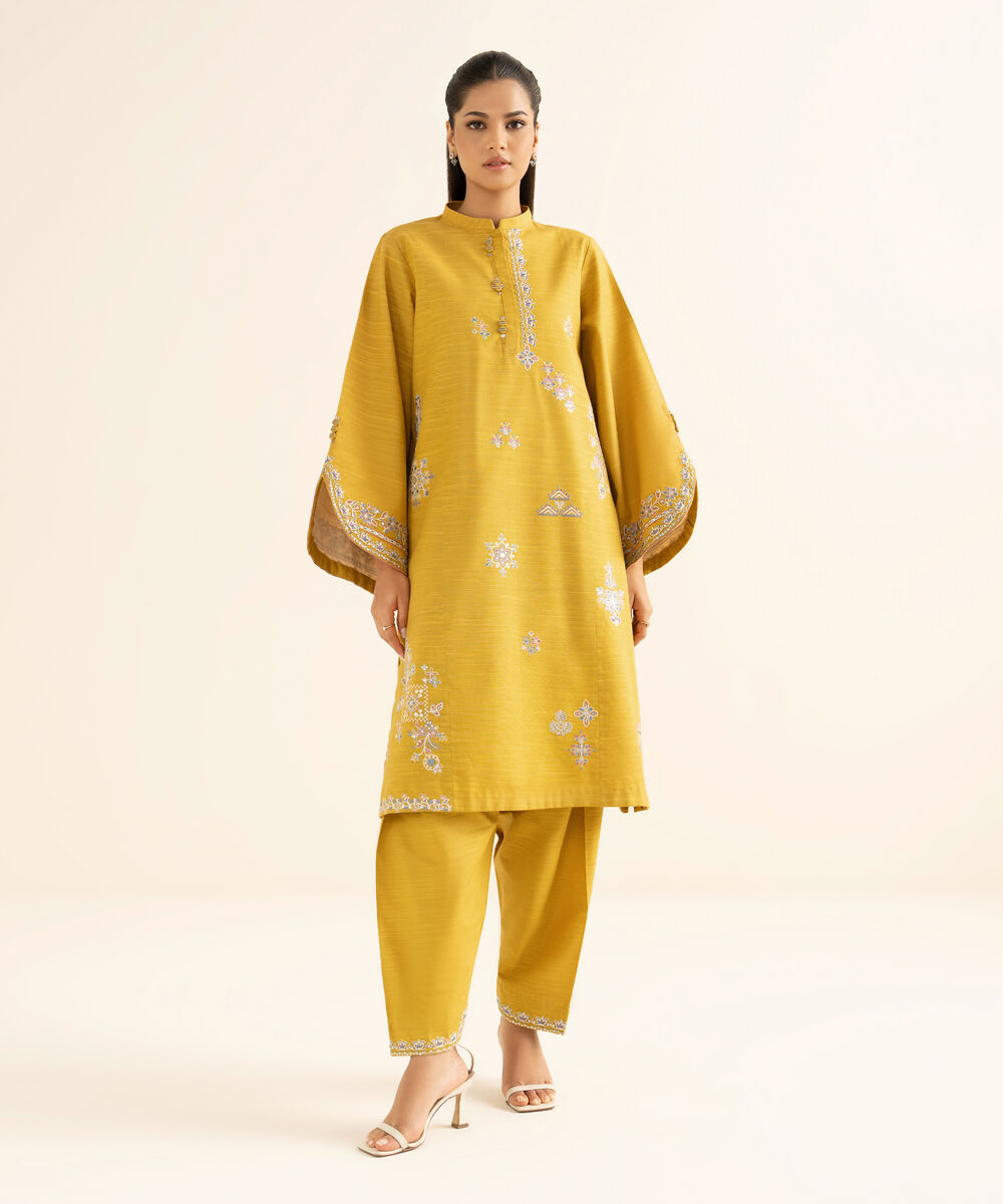 Women's Unstitched Zari Khaddar Embroidered Yellow 2 Piece Suit