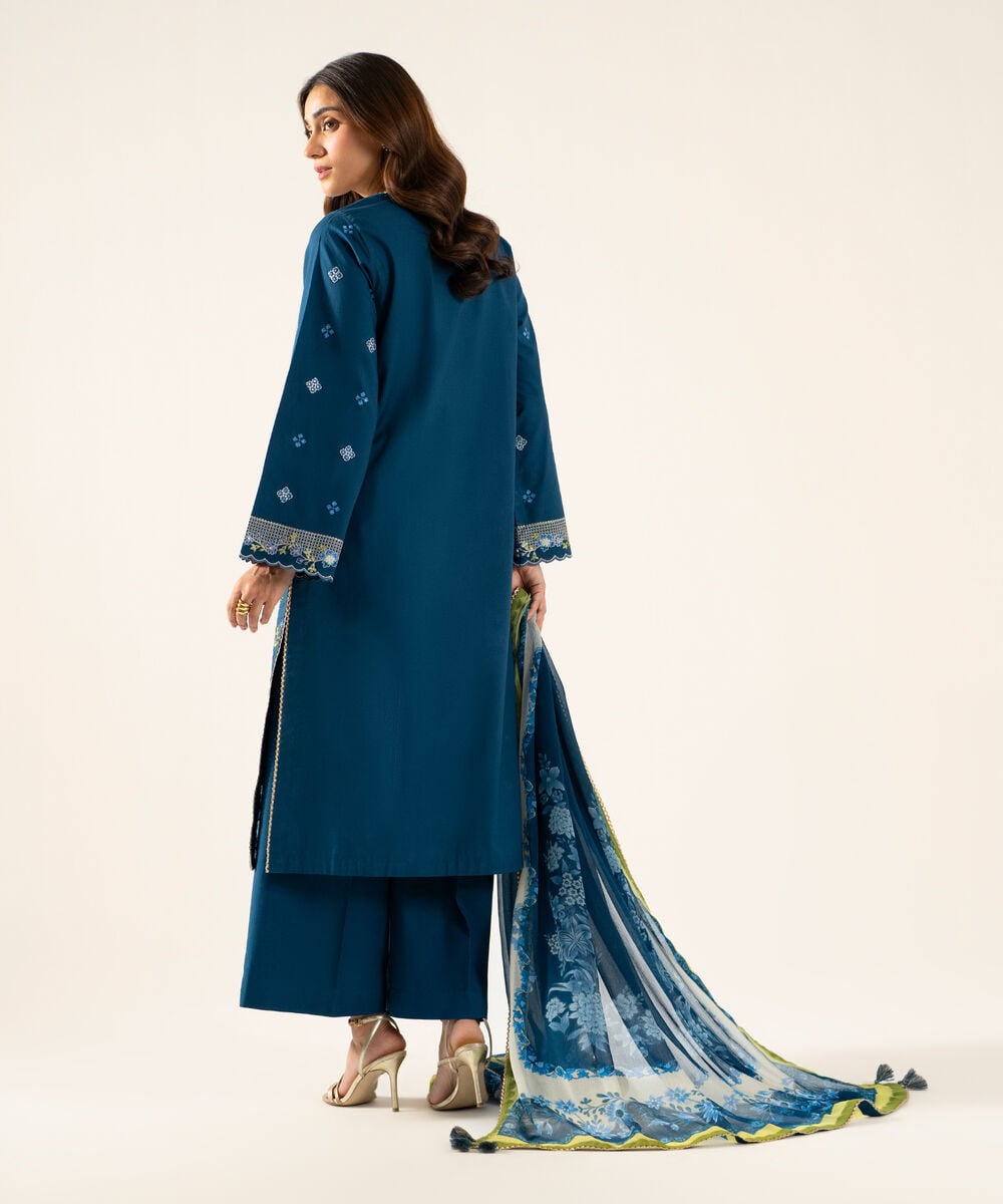 Women's Unstitched Bemberg Tissue Embroidered Blue 3 Piece Suit