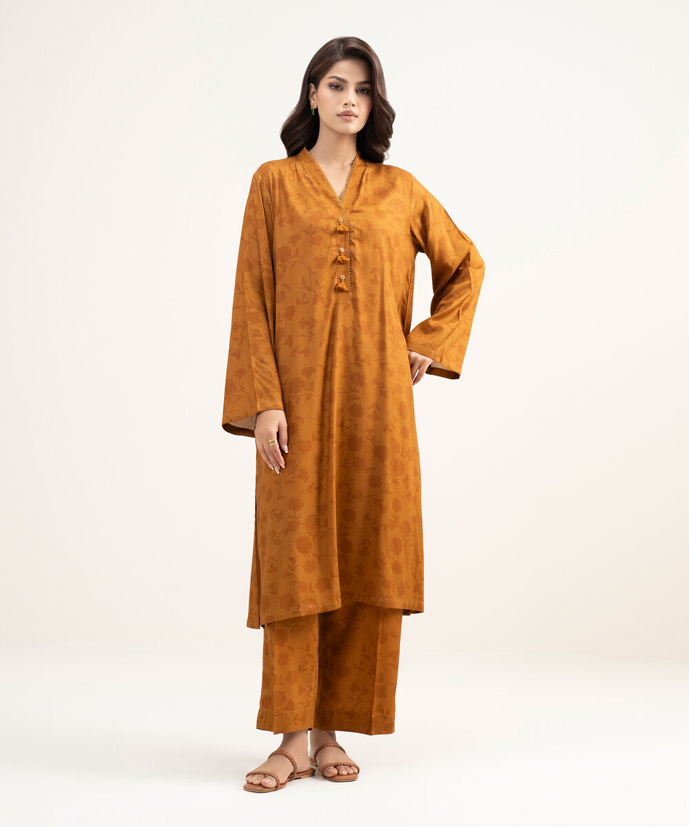 Women's RTW Arabic Lawn Printed Mustard Brown Straight Shirt