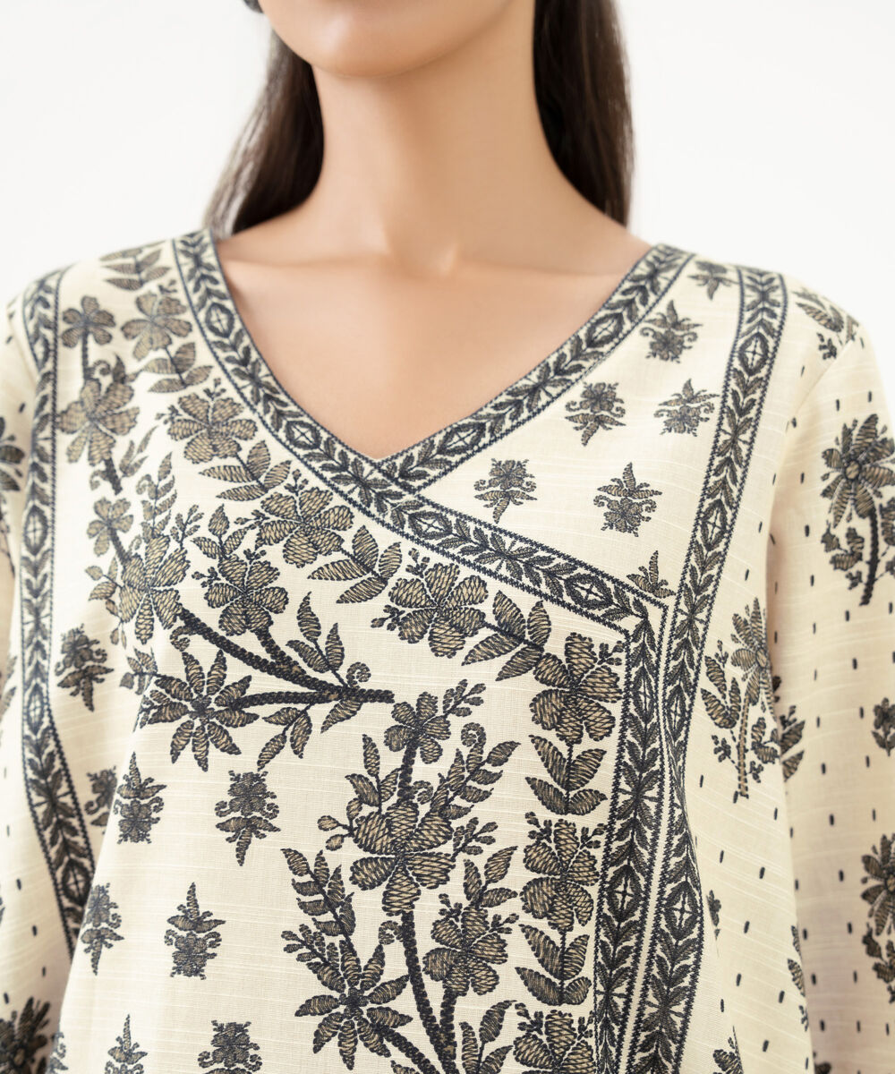 Women's RTW Light Khaddar Printed A-Line Off White Shirt