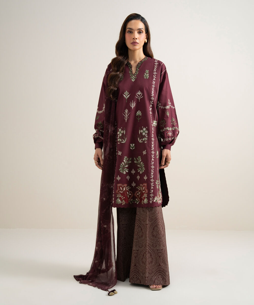 Women's Unstitched Textured Lawn Embroidered Red 3 Piece Suit