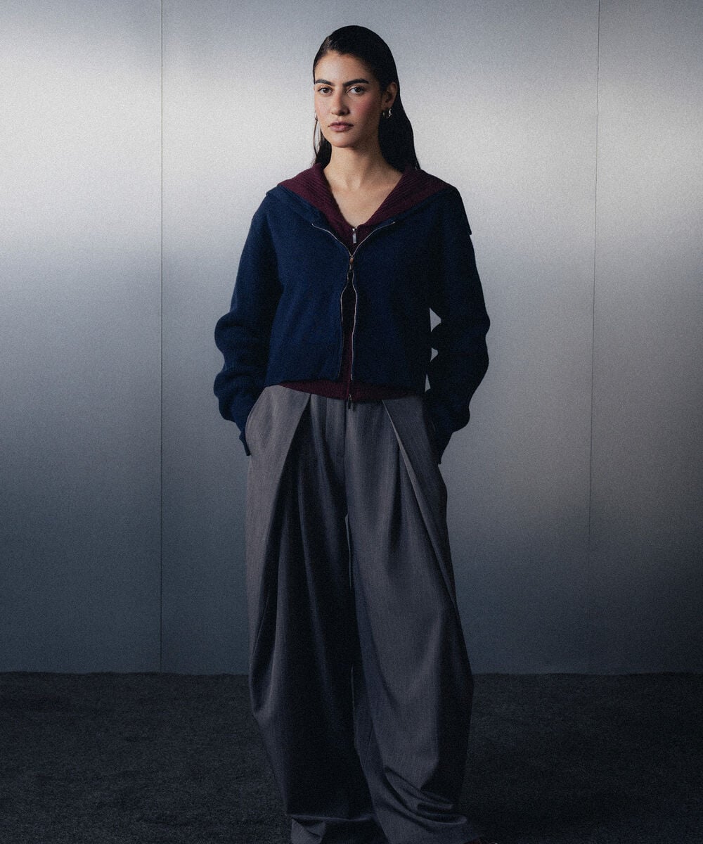 Women's Western Wear Grey Polyester Pleated Wide Leg Trousers