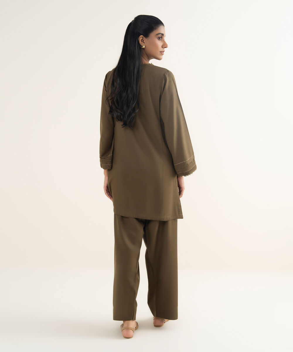 Women's RTW Khaddar Solid Green Straight Shirt