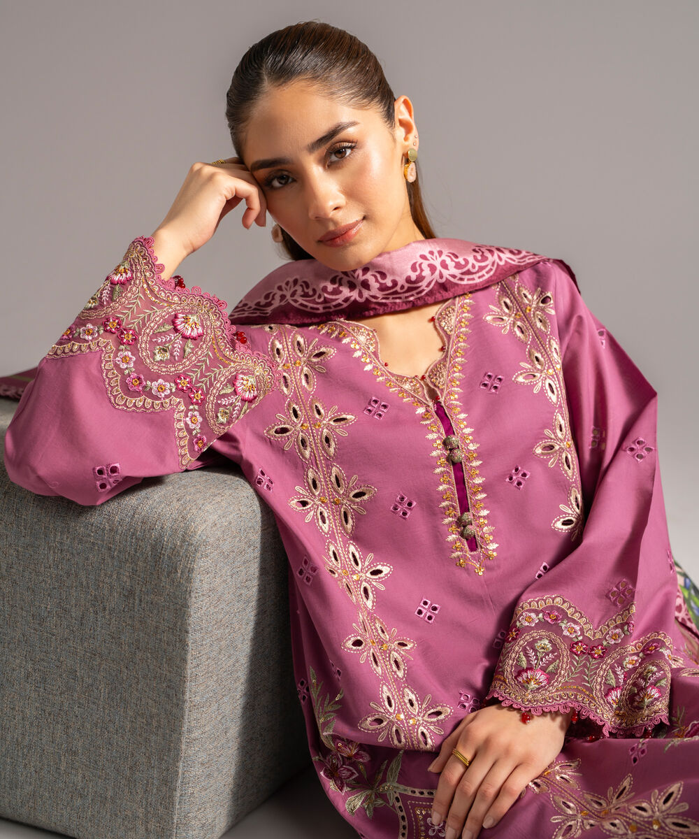 Women's RTW Slub Lawn Embroidered Mauve Pink 3 Piece Suit