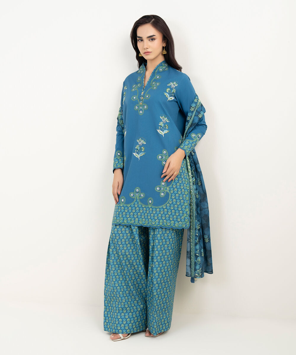 Women's Unstitched Textured Lawn Embroidered Blue 3 Piece Suit