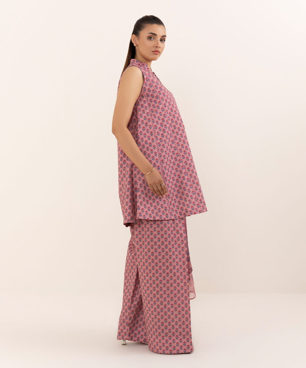 Women's Unstitched Cotton Printed Pink Three Piece Suit