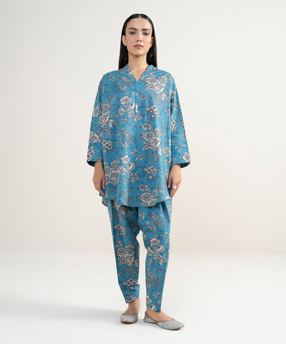 Women's RTW Cambric Printed Blue Drop Shoulder Shirt