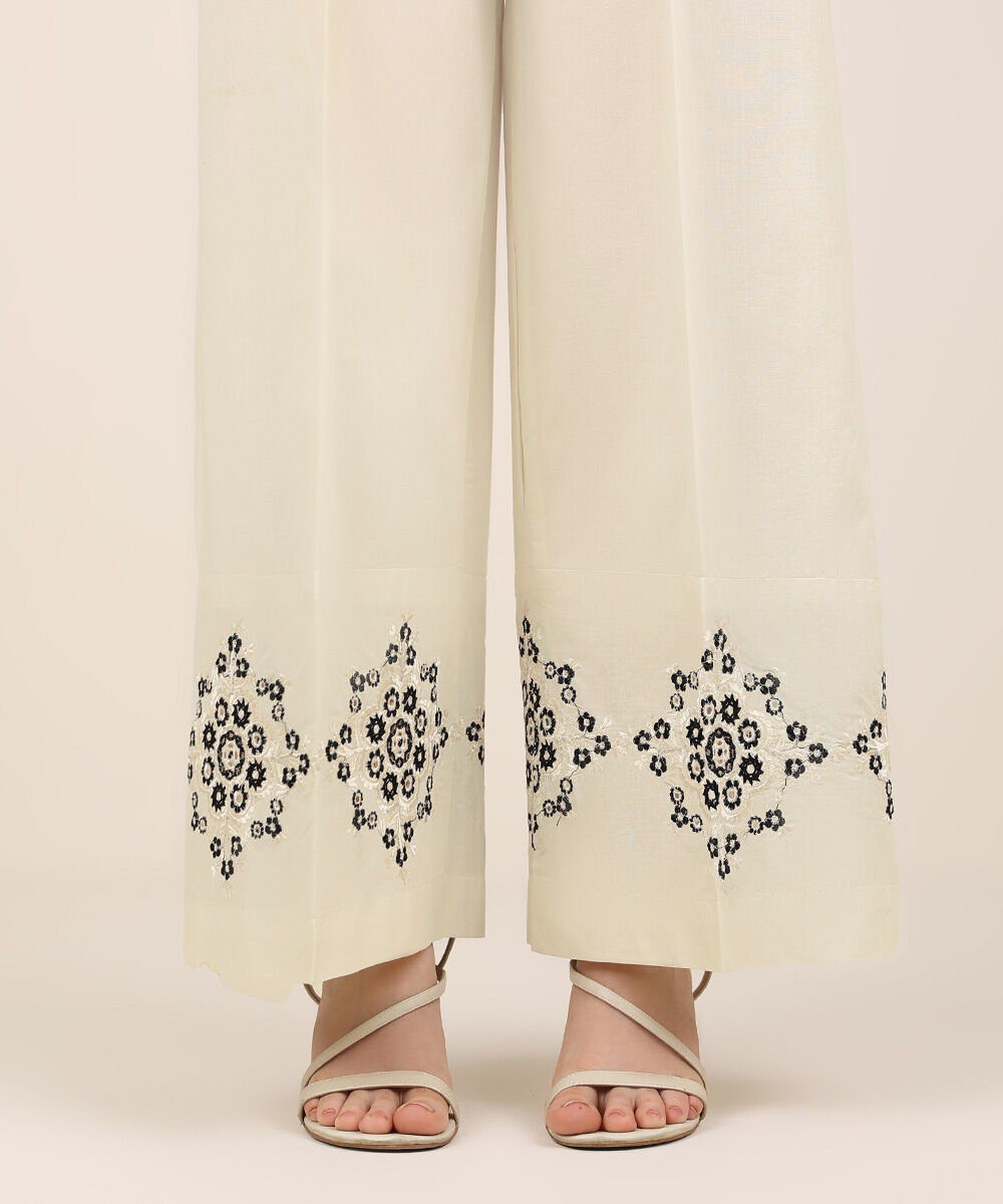 Women's RTW Cambric Off White Embroidered Flared Pants